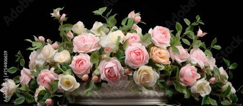 A large centerpiece of pink and white roses with fresh foliage arranged neatly on a table, suitable for weddings or elegant interior decorations. © Vusal