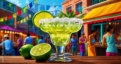 Illustrate a scene of a vibrant street fiesta with refreshing margaritas served alongside the sizzling tacos. Capture the ultra-realistic details of the margarita glasses-AI Generative