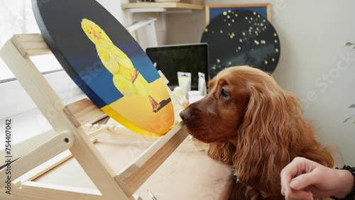Artist creating artwork in art studio. Brown dog interested in process. Modern artwork paint yellow chicken on canvas in studio. Spaniel helping artist. Artist paints with acrylic paint. 4K, UHD photo