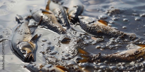 offshore oil slick, ecological disaster, dead fish around. Ecology catastophe, oil sink in water ocean with dead fishes. Pollution in sea ocean © PAOLO