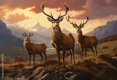 Herd of deer in the scottish highlands photo