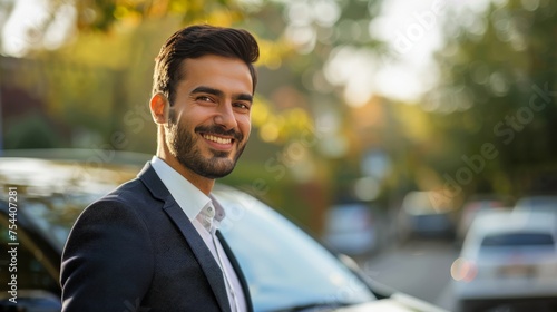 A handsome young businessman smiling and standing next to his car © Sasint