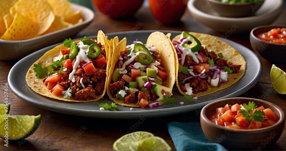 Compose an image that captures the moment when tangy salsa is drizzled over the tacos, creating an explosion of flavors. Pay attention to the ultra-realistic details of the salsa-AI Generative