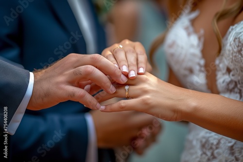 Groom slides a wedding ring onto the bride's finger, symbolizing their eternal bond