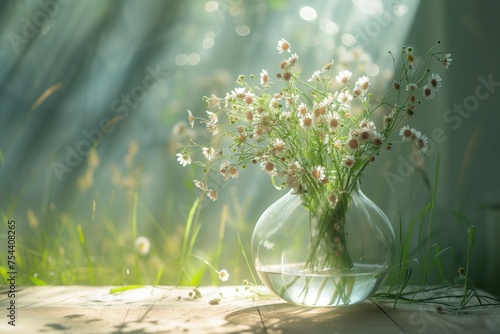 Glass Vase with wildflowers, daisies in sunlight on the window. Tranquil wildflower arrangement on a wooden table, with sunlight streaming through. Concept of summer, spring atmospheric background. photo