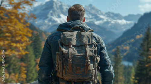 Man with a backpack looking at a mountain range amidst autumn foliage