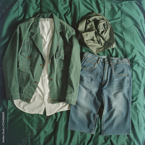 Casual Outfit with Jeans, Jacket, and Hat on Green Blanket in Natural Lighting © SHOTPRIME STUDIO