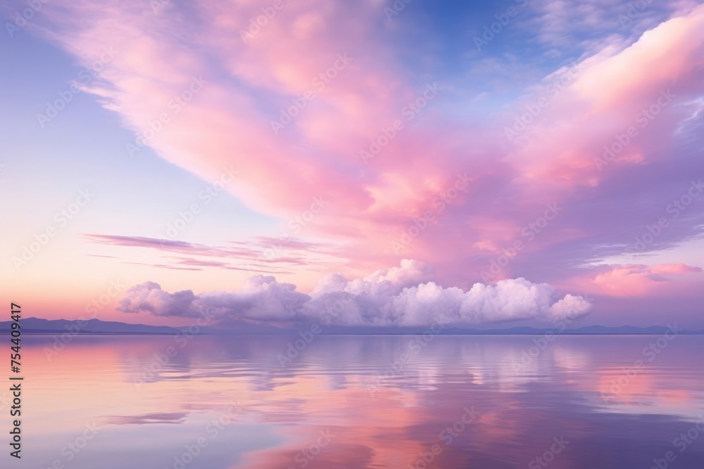 The sky adorned with ethereal clouds in shades of lilac, turquoise, and pale orange, creating a surreal and otherworldly atmosphere.