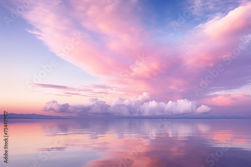 The sky adorned with ethereal clouds in shades of lilac, turquoise, and pale orange, creating a surreal and otherworldly atmosphere.