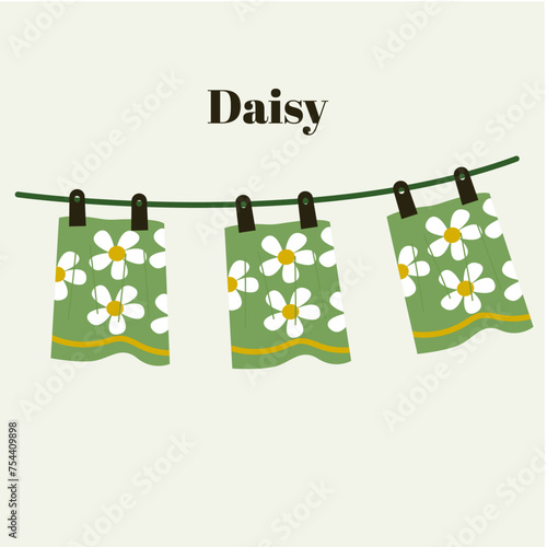 Flat Design Daisy Illustration and Clothesline Bath and Towels