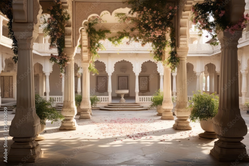An exquisite symmetrical architectural wonder unfolds, featuring a serene marble courtyard surrounded by intricate pillars, each adorned with delicate vines and blooming flowers.