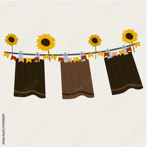 Flat Design Sunflowers Illustration and Clothesline Bath and  Towels
