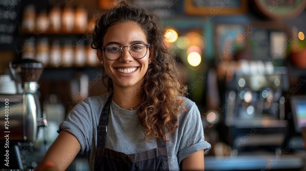 Portrait of smiling woman barista in apron standing in cafe. Portrait of smiling woman barista in apron standing in cafe.