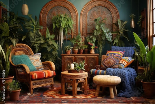 An eclectic interior sanctuary combining vibrant bohemian patterns vintage furniture and array of plants. A cozy reading nook adorned with mismatched textiles and an assortment of unique decor items. © DK_2020