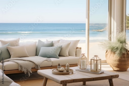 A living space with large windows overlooking the ocean, adorned in subtle coastal hues with hints of gold accents. A sense of tranquility and refined coastal elegance. Quiet luxury concept. © DK_2020