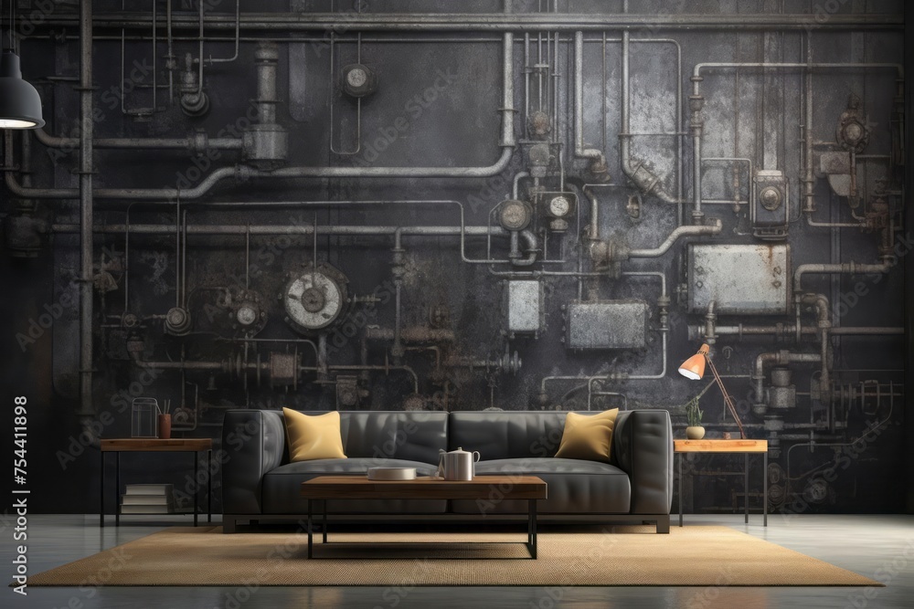 An urban loft space adorned with modern wallpaper featuring industrial motifs like exposed pipes, metallic textures, and concrete patterns. The wallpaper seamlessly blends with modern furnishings.