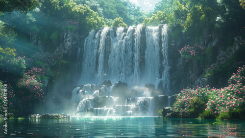 Waterfalls in a serene forest, mystical, fantasy, fairy tale, magical ,generative ai © LomaPari2021