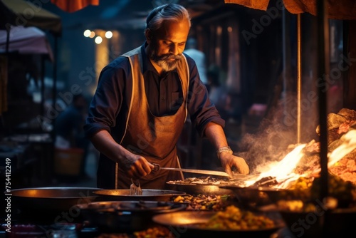 Along the street, a chef prepares tandoori meat and makes traditional flatbreads. A whirlwind of colors and flavors fills the street, creating the atmosphere of an oriental culinary journey.