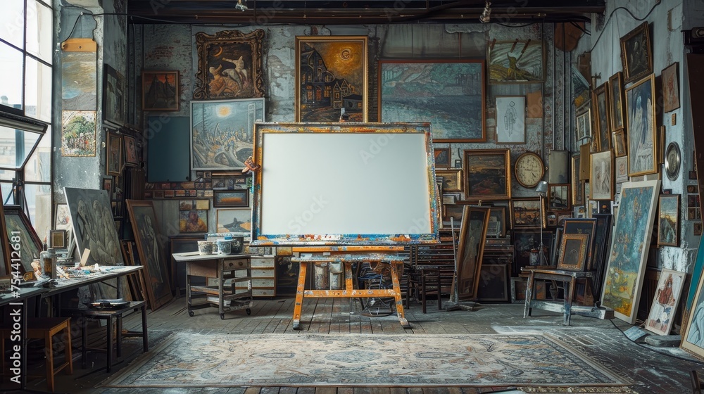 An old-world art studio cluttered with classic paintings and artistic supplies, featuring a blank canvas on an easel, ready for the next masterpiece. An old-world art studio cluttered with classic paintings and artistic supplies, featuring a blank canvas on an easel, ready for the next masterpiece.