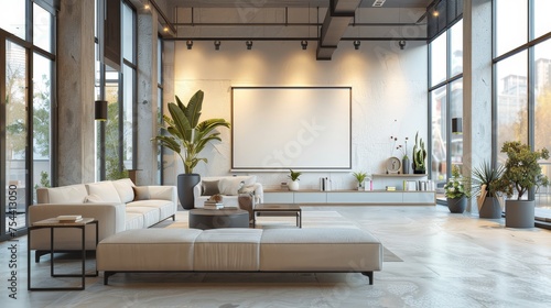 An airy, modern living room bathed in natural light, showcasing a large blank projector screen surrounded by stylish furnishings and lush indoor plants.