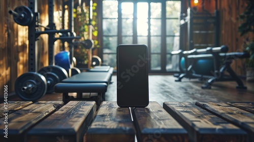 In a rustic gym setup with warm ambient lighting, a smartphone stands prominently on a wooden surface, highlighting its use in fitness and technology.