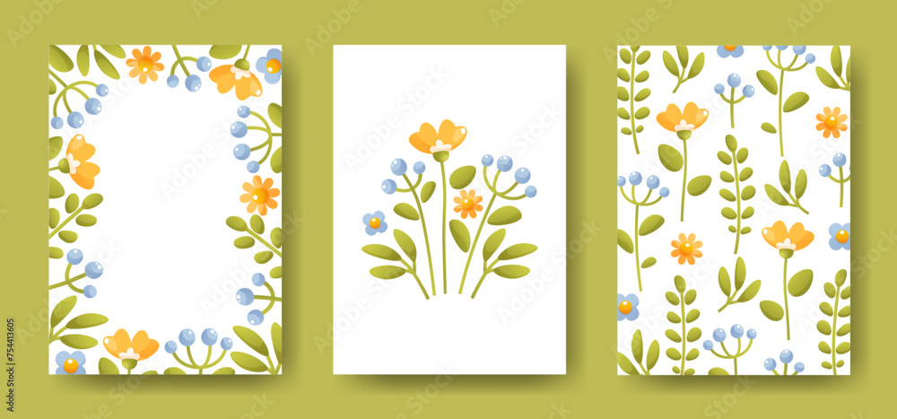 Beautiful floral templates for banners, posters, cards, invitations. Set of three templates. Floral frame with empty space for text, floral composition, floral background.Print design, brochure, flyer