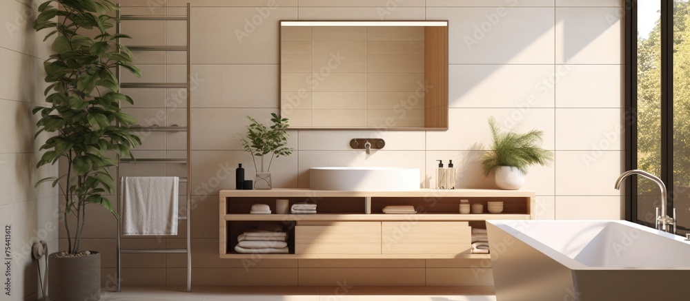A modern bathroom featuring a tub, sink, mirror, and a rack, all set against tiled walls and under a bright window in a contemporary home. A modern bathroom featuring a tub, sink, mirror, and a rack, all set against tiled walls and under a bright window in a contemporary home.