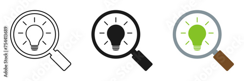 Set of light bulb icons with magnifying glass. Illustration