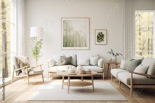 A serene Scandinavian living room  featuring clean lines  neutral tones  and functional furniture. Large windows allow soft  diffused light to fill the space  creating an airy and inviting atmosphere.