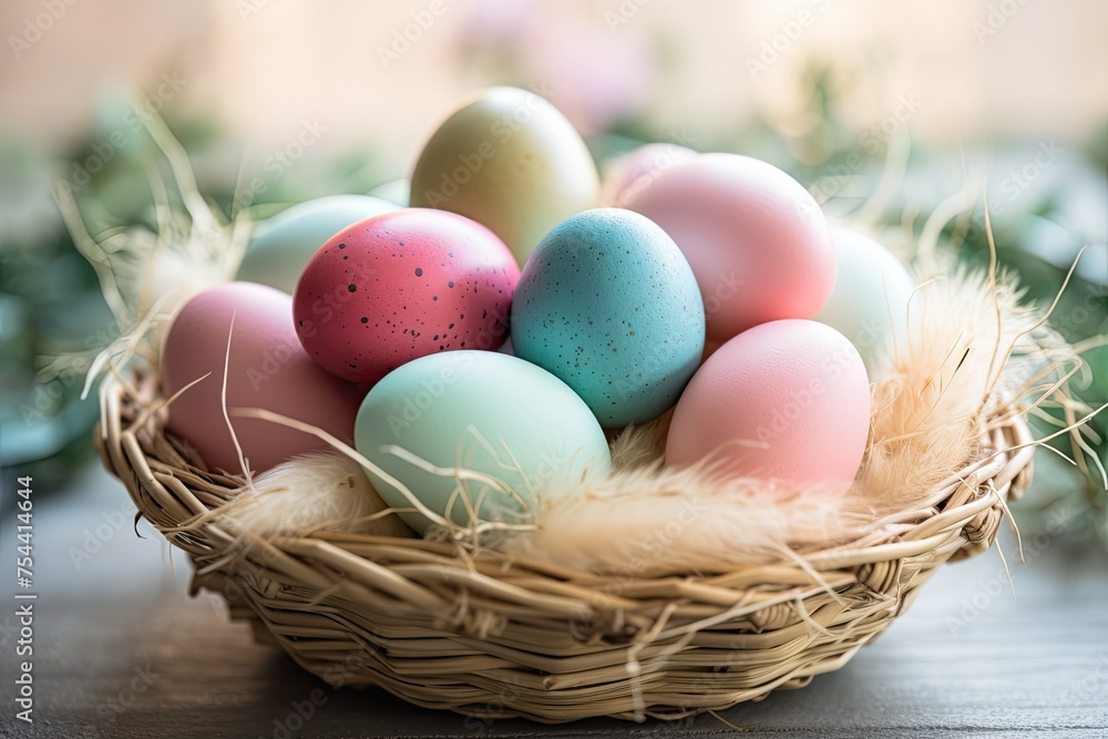 Basket of Pastel Easter Eggs on a White Wooden Table Basket of Pastel Easter Eggs on a White Wooden Table