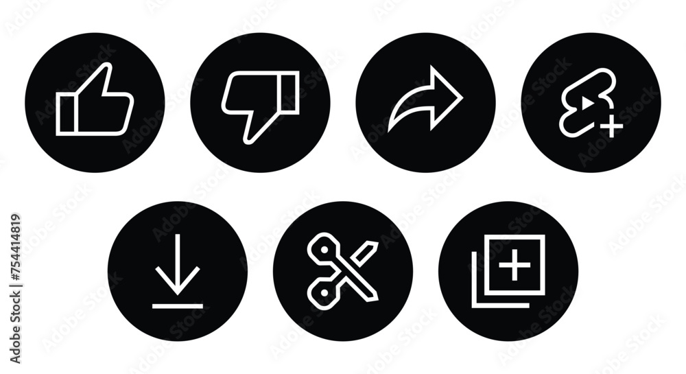 Like, dislike, share, remix, download, clip, and save icon vector. Video channel ui elements Like, dislike, share, remix, download, clip, and save icon vector. Video channel ui elements
