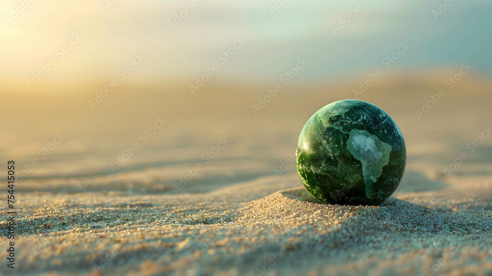 Global warming is causing a rise in average temperatures around the world, leading to more frequent and intense heatwaves, globe on the sand in the desert - obrazy, fototapety, plakaty 
