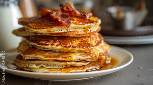 Golden pancake stack with crispy bacon