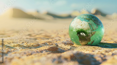Global warming is causing a rise in average temperatures around the world, leading to more frequent and intense heatwaves, globe on the sand in the desert photo