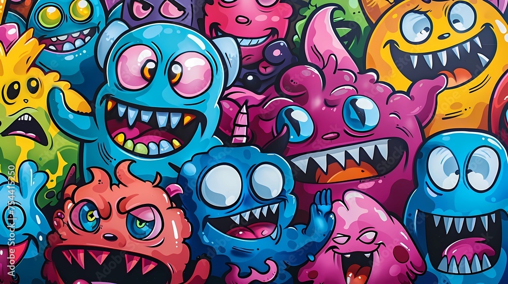 Obraz premium Seamless pattern with funny monsters, Generative AI illustrations.