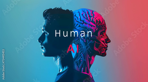Two part of human and robot, robots that replace and help human work in business, investment, finance and industry, AI technology that has become a part of human life photo
