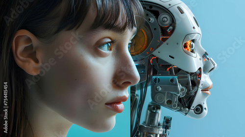Two part of human and robot, robots that replace and help human work in business, investment, finance and industry, AI technology that has become a part of human life