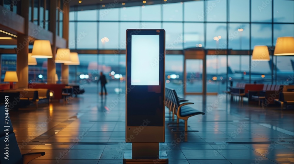 An interactive digital information kiosk stands in a warmly lit airport lounge during twilight, awaiting use. An interactive digital information kiosk stands in a warmly lit airport lounge during twilight, awaiting use.