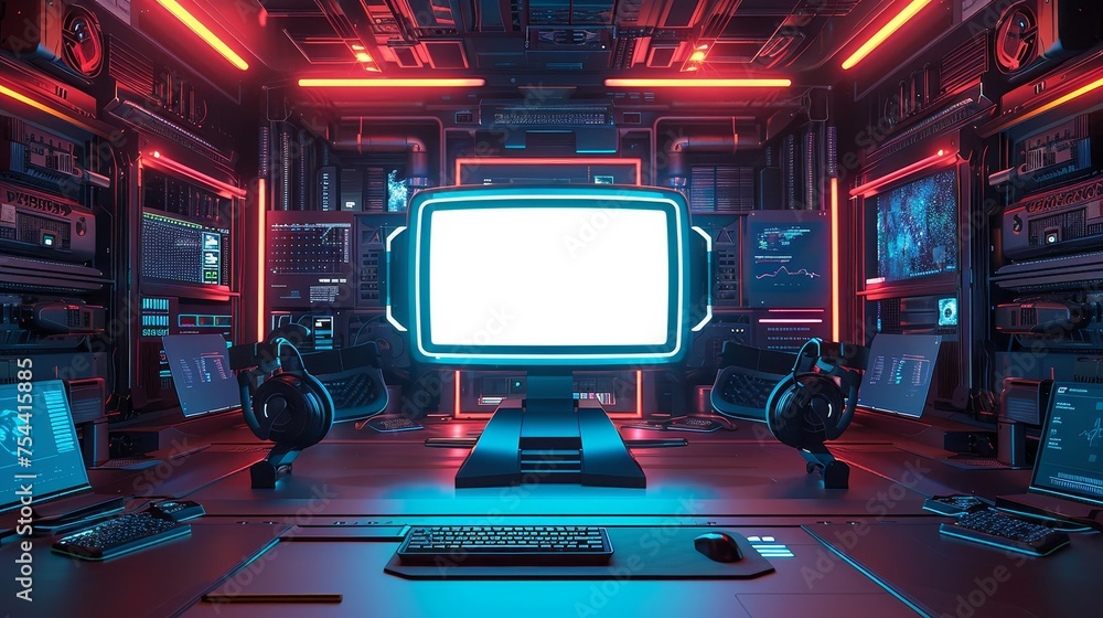 A high-tech cybersecurity command center with multiple blank screens and neon lighting, designed for advanced digital operations.