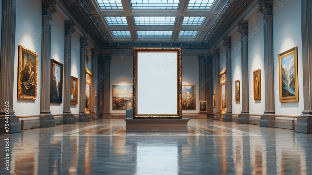 The grandeur of an art gallery is on full display with a central blank canvas framed by a collection of classic paintings, bathed in the natural light from the skylight above.