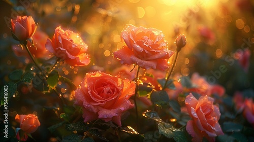 A dew-kissed rose garden at dawn