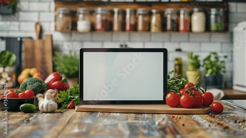 A tablet on a stand in a home kitchen surrounded by vibrant fresh vegetables, ready to assist with recipes for a healthy cooking session.