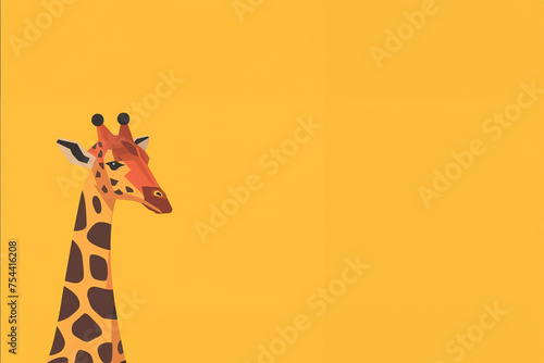dessin du portrait de la tête d'une girafe de trois quarts et de son grand cou avec sa fourrure tachetée, et ses deux cornes, sur fond jaune orangé assorti avec espace négatif copyspace  photo
