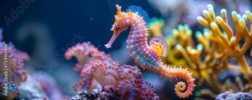 Seahorse Clinging to Coral Up Close. Concept Marine Life, Underwater Photography, Close-up Shot, Coral Reef Ecosystem, Seahorse Behavior © Anastasiia