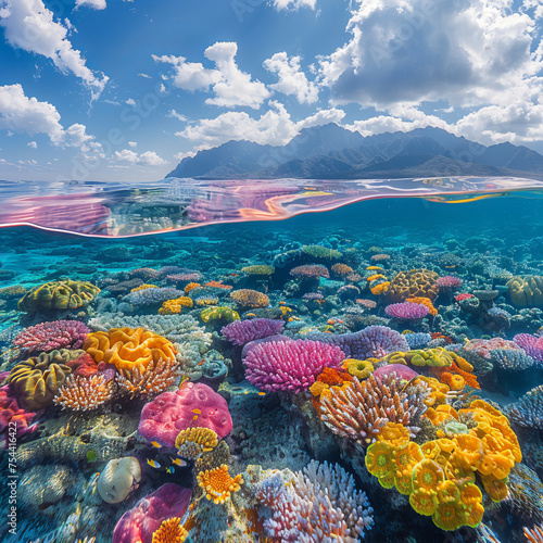 underwater photo of a colorful coral reef teeming with marine life, captured in crystal-clear waters, wide-angle shot, underwater setting © JJ1990
