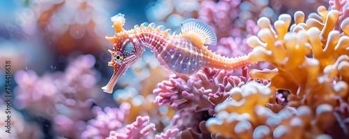 Seahorse Clinging to Coral Closely. Concept Marine Life, Ocean Creatures, Underwater Beauty © Anastasiia