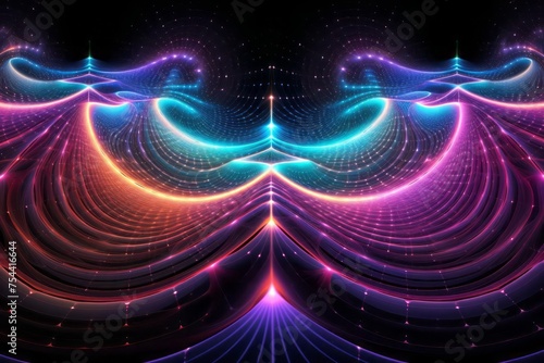 Holographic fractal shapes creating the illusion of infinity and depth. Lines and curves flow into each other, creating complex patterns that appear to be immersed in the vastness of outer space.