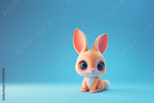 figurine de lapin roux et blanc, face à l'objectif, rendu 3D, avec sa queue blanc et de grandes oreilles, sur fond bleu avec espace négatif copyspace. Animal domestique photo