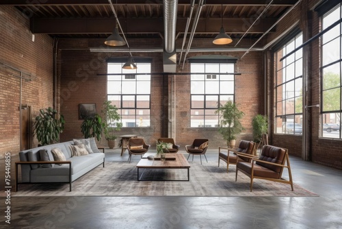 An urban industrial interior with exposed brick walls polished concrete floors and ceiling-to-floor windows. Sleek metal and leather furnishings creating fusion raw industrial elements modern comfort.