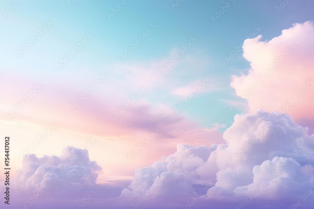 A heavenly pastel symphony in the sky. Clouds swirling in shades of mint green, peach, and lavender against a soft blue backdrop.